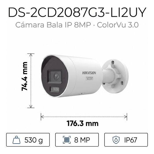 [Dual Light + ColorVu 3.0 + HikAI] Bala IP 8 Megapixel / Lente 2.8 mm / 40 mts IR + Luz Blanca / 2 Microfonos Integrados / Exterior IP67 / WDR 130 dB / ACUSENSE 3.0 / Metal / NEMA 4X / ACUSEEK