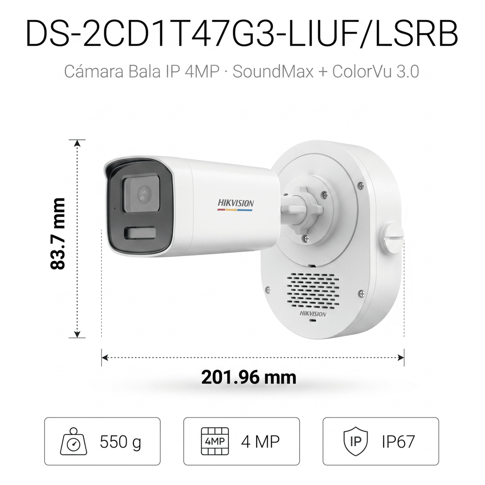 Bala IP 4 Megapixel / ColorVu 3.0 + SoundMax / Lente 4 mm / Dual Light 50 mts (164 ft) IR + Luz Blanca / Bocina + Micrófono Integrados / Luz Estroboscópica Rojo-Azul / AcuSense Lite / Exterior IP67 / WDR 120 dB / PoE / Micro SD