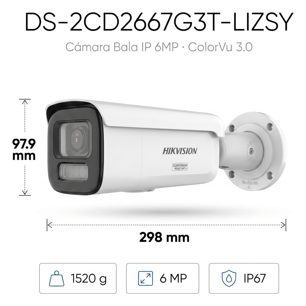 [Dual Light + ColorVu 3.0 + HikAI] Bala IP 6 Megapixel / Lente Mot. 2.8 a 12 mm / 60 mts IR + Luz Blanca / Exterior IP67 / WDR 130 dB / ACUSENSE 3.0 / Metal / NEMA 4X / ACUSEEK