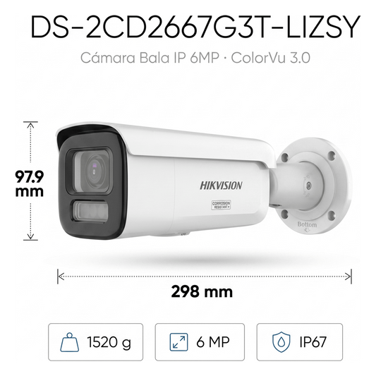 [Dual Light + ColorVu 3.0 + HikAI] Bala IP 6 Megapixel / Lente Mot. 2.8 a 12 mm / 60 mts IR + Luz Blanca / Exterior IP67 / WDR 130 dB / ACUSENSE 3.0 / Metal / NEMA 4X / ACUSEEK