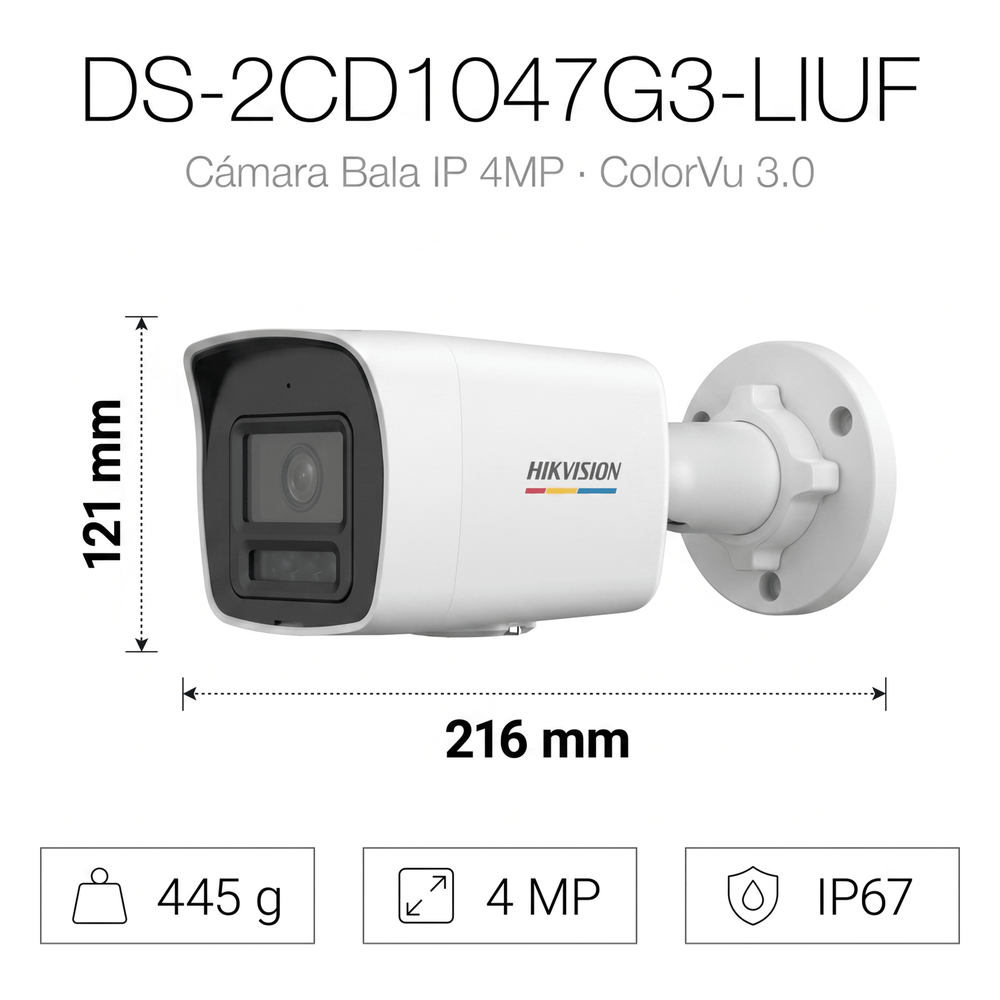 [ColorVu 3.0 + MD 3.0] Bala IP 4 Megapixel / Lente 2.8 mm / Dual Light (30 mts IR + 30 mts Luz Blanca) / Micrófono Integrado / Detección de Movimiento 3.0 / Exterior IP67 / WDR / PoE / Micro SD