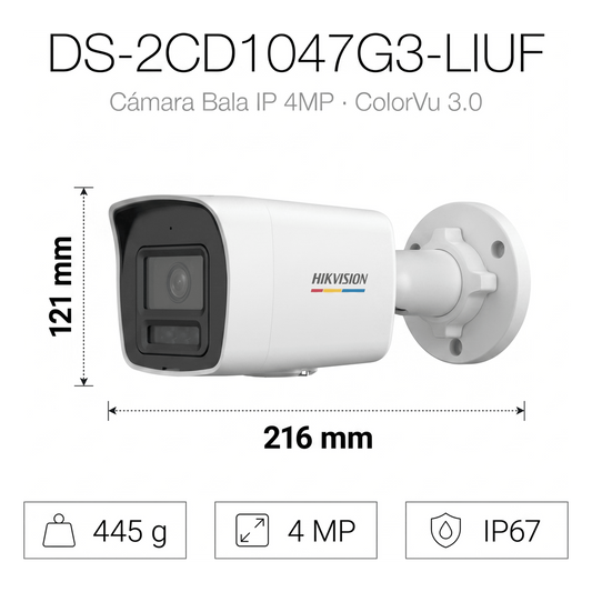 [ColorVu 3.0 + MD 3.0] Bala IP 4 Megapixel / Lente 2.8 mm / Dual Light (30 mts IR + 30 mts Luz Blanca) / Micrófono Integrado / Detección de Movimiento 3.0 / Exterior IP67 / WDR / PoE / Micro SD