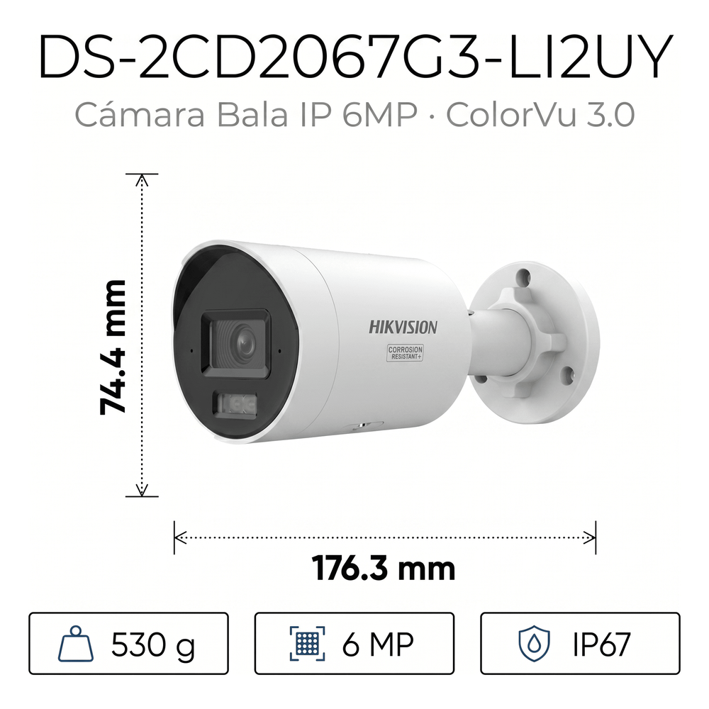 [Dual Light + ColorVu 3.0 + HikAI] Bala IP 6 Megapixel / Lente 2.8 mm / 40 mts IR + 40 Mts Luz Blanca / 2 Microfonos Integrados / Exterior IP67 / WDR 130 dB / ACUSENSE 3.0 / Metal / NEMA 4X / ACUSEEK / Anticorrosión (NEMA 4X)