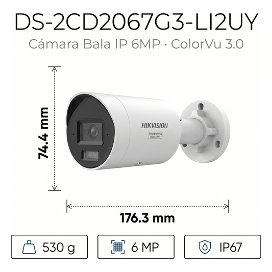 [Dual Light + ColorVu 3.0 + HikAI] Bala IP 6 Megapixel / Lente 2.8 mm / 40 mts IR + 40 Mts Luz Blanca / 2 Microfonos Integrados / Exterior IP67 / WDR 130 dB / ACUSENSE 3.0 / Metal / NEMA 4X / ACUSEEK / Anticorrosión (NEMA 4X)