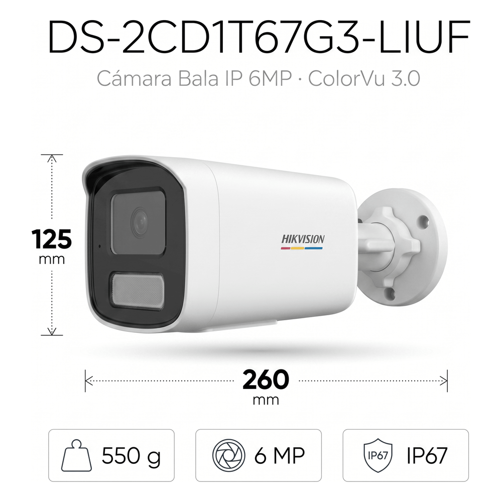 [ColorVu 3.0 + MD 3.0] Bala IP 6 Megapixel / Lente 4 mm / 50 mts IR + 50 mts Luz Blanca / Micrófono Integrado / Motion Detection 3.0 / Exterior IP67 / WDR 120 dB / PoE / Micro SD