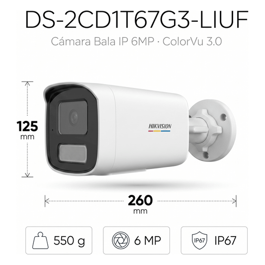 [ColorVu 3.0 + MD 3.0] Bala IP 6 Megapixel / Lente 4 mm / 50 mts IR + 50 mts Luz Blanca / Micrófono Integrado / Motion Detection 3.0 / Exterior IP67 / WDR 120 dB / PoE / Micro SD