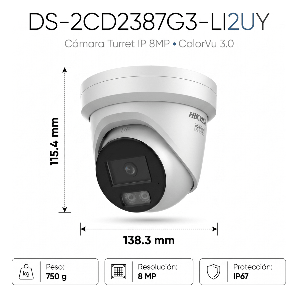 [Dual Light + ColorVu 3.0 + HikAI] Turret IP 8 Megapixel / Lente 2.8 mm / 30 mts IR + Luz Blanca / 2 Microfonos Integrados / Exterior IP67 / WDR 130 dB / ACUSENSE 3.0 / Metal / NEMA 4X / ACUSEEK