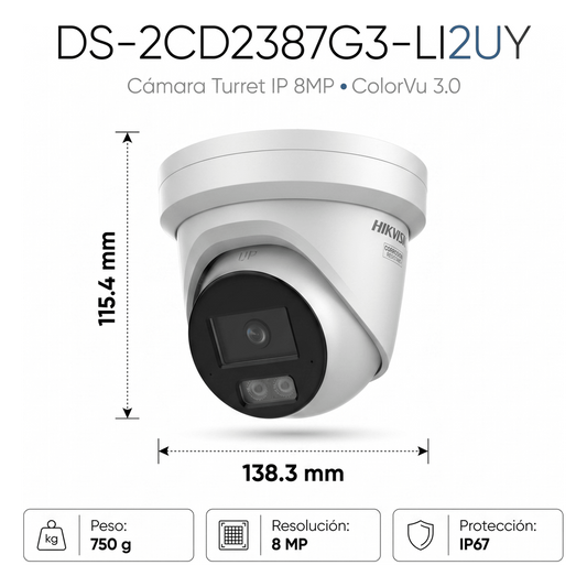 [Dual Light + ColorVu 3.0 + HikAI] Turret IP 8 Megapixel / Lente 2.8 mm / 30 mts IR + Luz Blanca / 2 Microfonos Integrados / Exterior IP67 / WDR 130 dB / ACUSENSE 3.0 / Metal / NEMA 4X / ACUSEEK