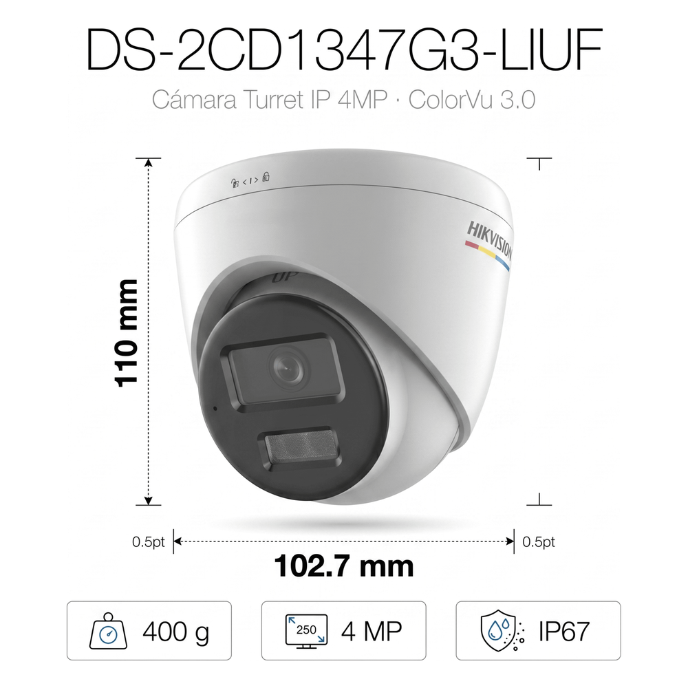 [ColorVu 3.0 + MD 3.0] Turret IP 4 Megapixel / Lente 2.8 mm / 30 mts IR + 30 mts Luz Blanca / Micrófono Integrado / Motion Detection 3.0 / Exterior IP67 / WDR 120 dB / PoE / Micro SD