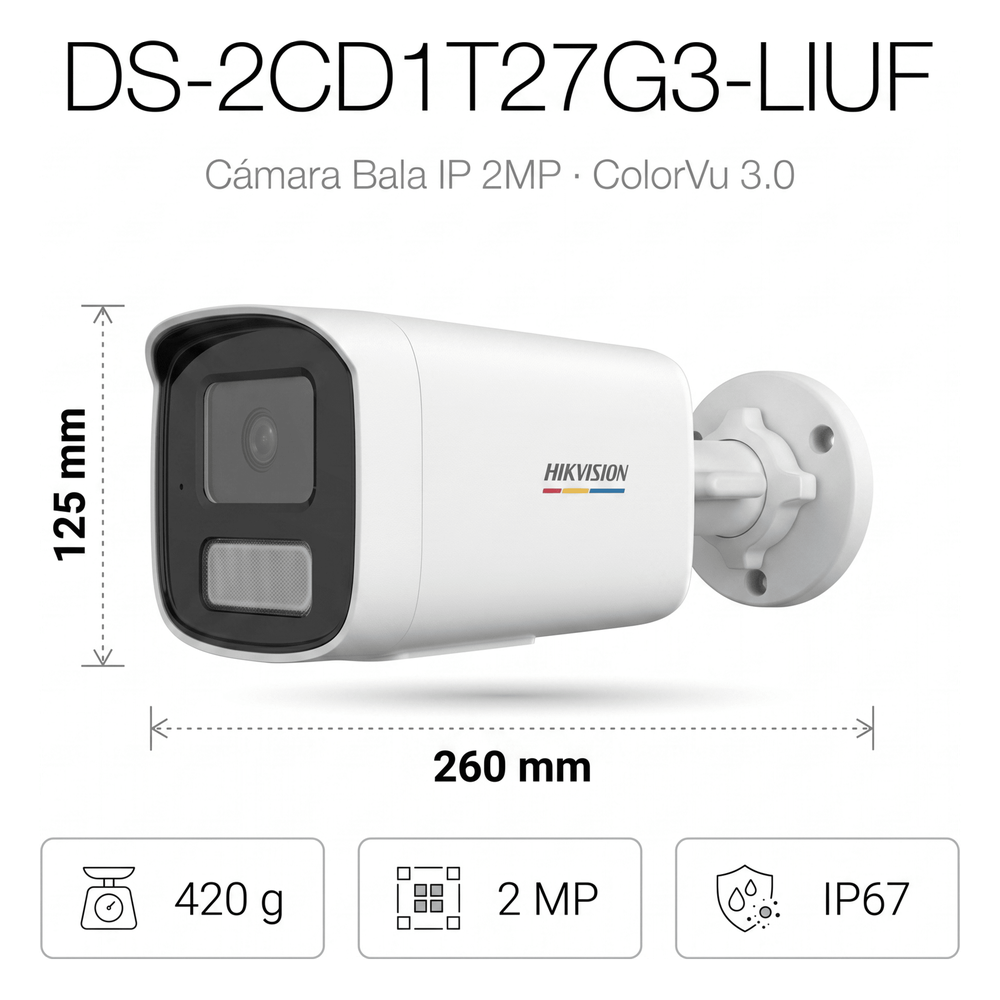 [ColorVu 3.0 + MD 3.0] Bala IP 2 Megapixel / Lente 4 mm / 50 mts IR + 50 mts Luz Blanca / Micrófono Integrado / Motion Detection 3.0 / Exterior IP67 / dWDR / PoE / Micro SD