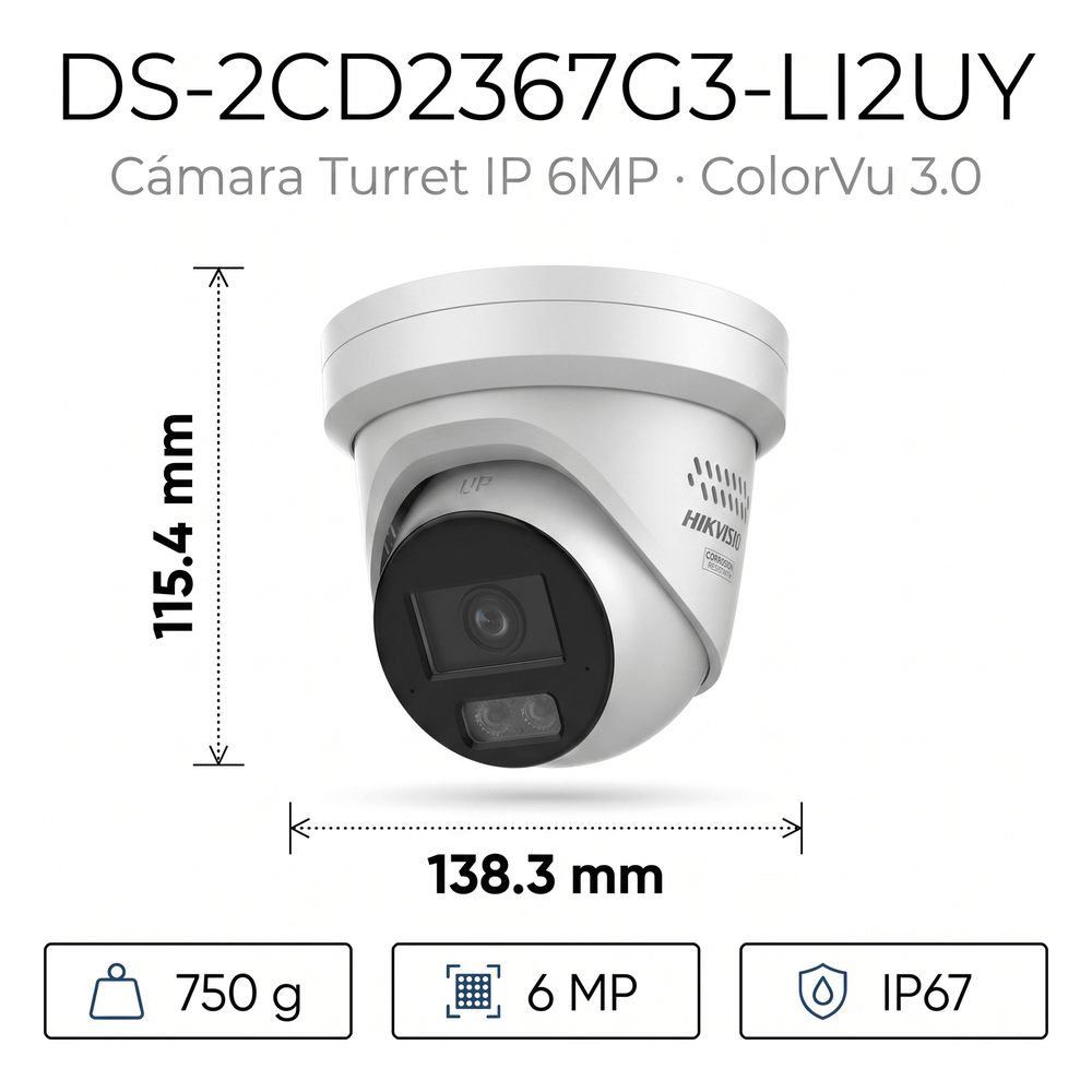 [Dual Light + ColorVu 3.0 + HikAI] Turret IP 6 Megapixel / Lente 2.8 mm / 30 mts IR + Luz Blanca / 2 Microfonos Integrados / Exterior IP67 / WDR 130 dB / ACUSENSE 3.0 / Metal / NEMA 4X / ACUSEEK