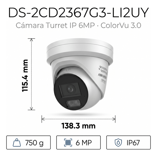 [Dual Light + ColorVu 3.0 + HikAI] Turret IP 6 Megapixel / Lente 2.8 mm / 30 mts IR + Luz Blanca / 2 Microfonos Integrados / Exterior IP67 / WDR 130 dB / ACUSENSE 3.0 / Metal / NEMA 4X / ACUSEEK