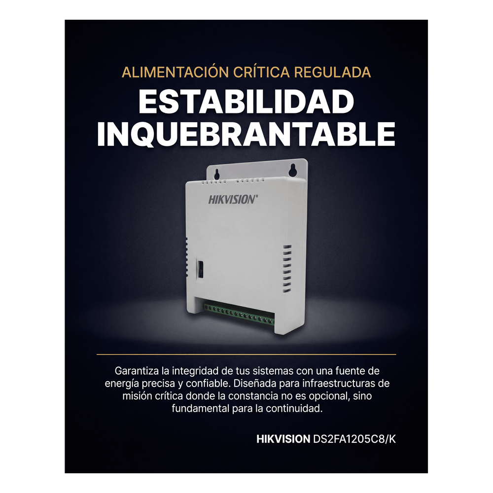 Fuente de Poder Regulada 12 Vcc / 13.5 Vcc / 15 Vcc para 8 Cámaras / 8 Amperes (1 Amp por Salida) / Voltaje de Entrada 90 - 130 VCA / Filtro de Ruido para Cámaras 4K / Modo para Largas Distancias