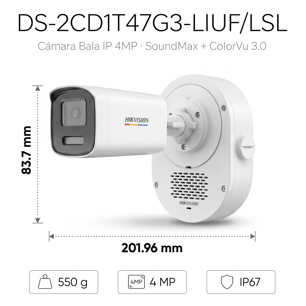 Bala IP 4 Megapixel / ColorVu 3.0 + SoundMax / Lente 4 mm / Dual Light 50 mts (164 ft) IR + Luz Blanca / Bocina + Micrófono Integrados / AcuSense Lite / Exterior IP67 / WDR 120 dB / PoE / Micro SD