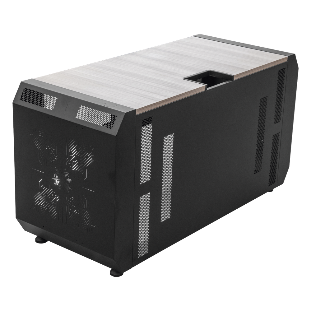 Consola Profesional para Monitoreo o Computo | Ranura para Base de Monitores | Microperforaciones | Luces LED Decorativas | Tomacorriente HTCM1U10C | Tapas Organizadoras de Cables | Niveladores | Rack para Montaje de Equipos | Ranura Pasaca