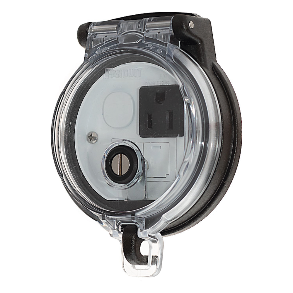 Dispositivo Circular de Puertos de Acceso a Datos, Con Dos Espacios Para Módulos Mini-Com y Un Receptáculo NEMA 5-15R, Protección IP66, de 3" de Diámetro