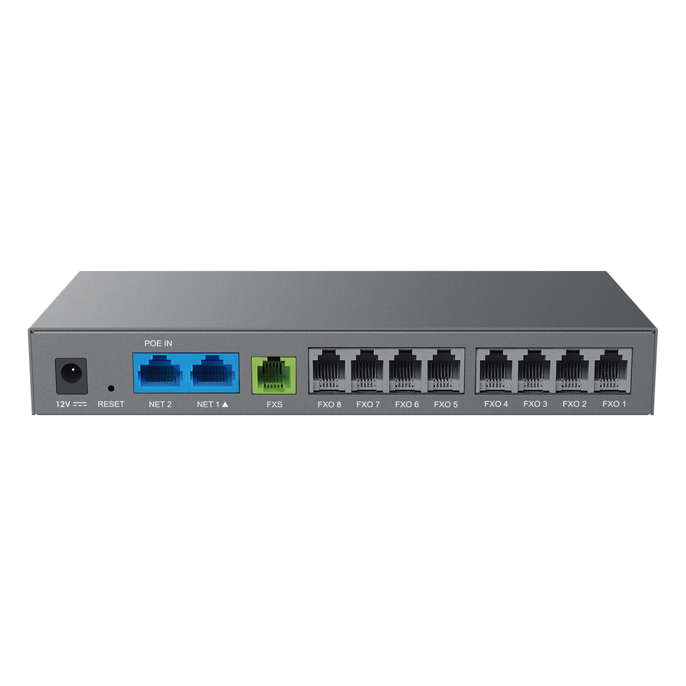 Gateway Analógico 8 FXO  (Conectar Lineas Analógicas) / 3 Perfiles SIP / 1 Puerto FXS / NAT de Alto Rendimiento / Soporte Lifeline / Fax T.38 / Cifrado AES / Failover SIP / Conferencia de Voz 3 Vías
