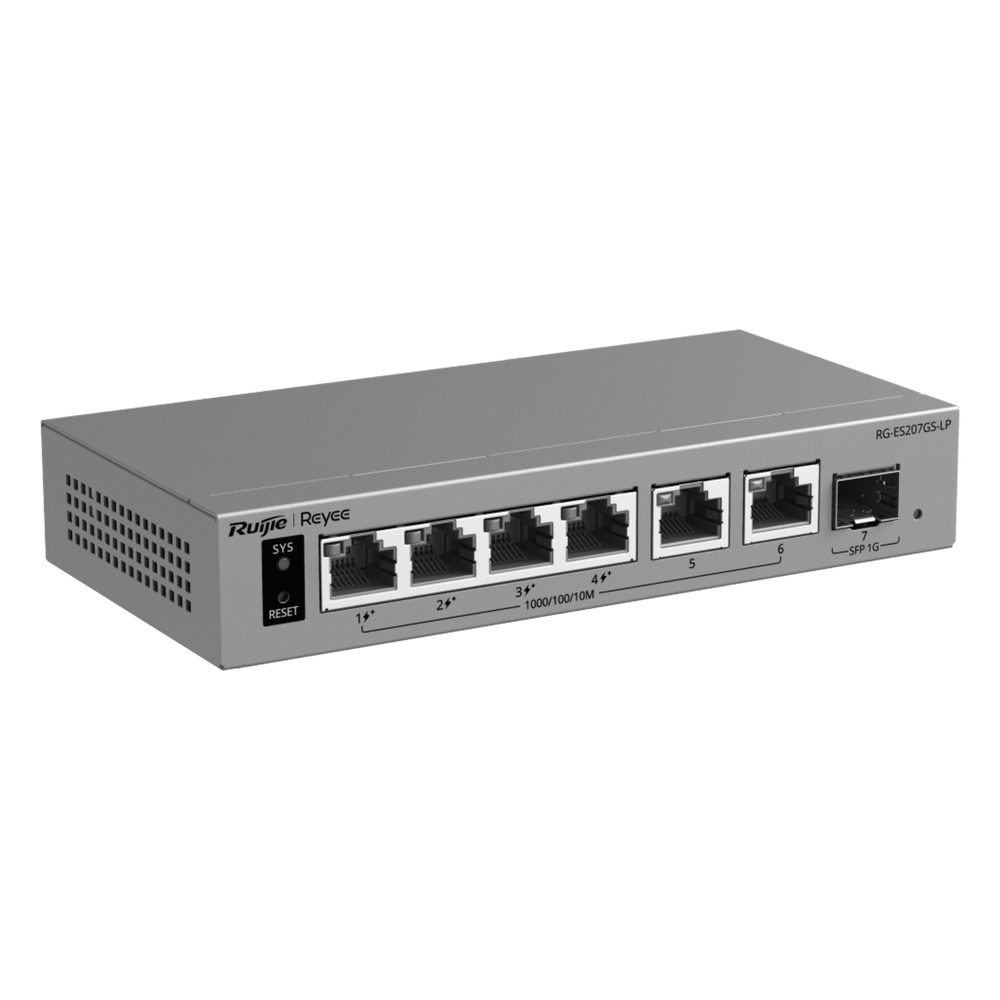 Switch Layer 2 Smart Cloud Managed / 7 Puertos Gigabit / 4 Puertos PoE+ 54 W / 1 Puerto SFP Uplink / 14 Gbps Switching Capacity / Diseño Sin Ventilador / Protección 6 kV / Ruijie Cloud / CCTV Mode