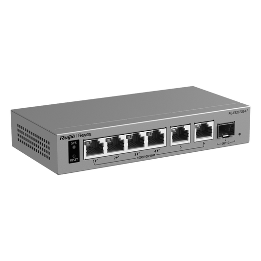 Switch Layer 2 Smart Cloud Managed / 7 Puertos Gigabit / 4 Puertos PoE+ 54 W / 1 Puerto SFP Uplink / 14 Gbps Switching Capacity / Diseño Sin Ventilador / Protección 6 kV / Ruijie Cloud / CCTV Mode