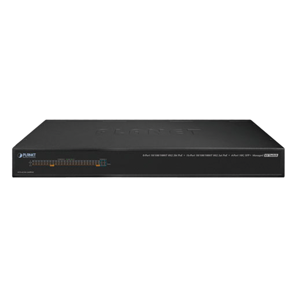 Switch AV Profesional para Integraciones Audiovisuales, , 8 Puertos PoE Gigabit 802.3bt, 16 Puertos PoE Gigabit 802.3at, 4 Puertos SFP 10 G, Hasta 450 W de Potencia