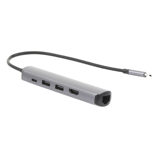 HUB USB-C (Docking Station) 5 en 1 | Ultra Delgado | 2 USB-A 3.1 a (5 Gbps) | HDMI 4K@60Hz | RJ45 (Gigabit Ethernet) | USB-C PD Carga Rápida 100W | Soporta OTG | Chips Inteligentes | Pequeño y Ligero | Caja de Aluminio.