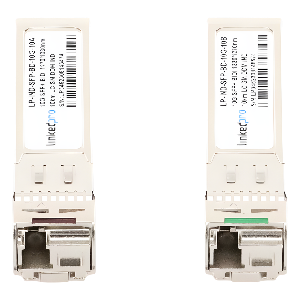 Transceptores Ópticos Industriales Bidireccionales SFP+ (Mini-Gbic) / Monomodo 1270 & 1330 nm / 10 Gbps / 10GBASE / Conector LC/UPC Simplex / DDM / Hasta 10 km / 2 Piezas