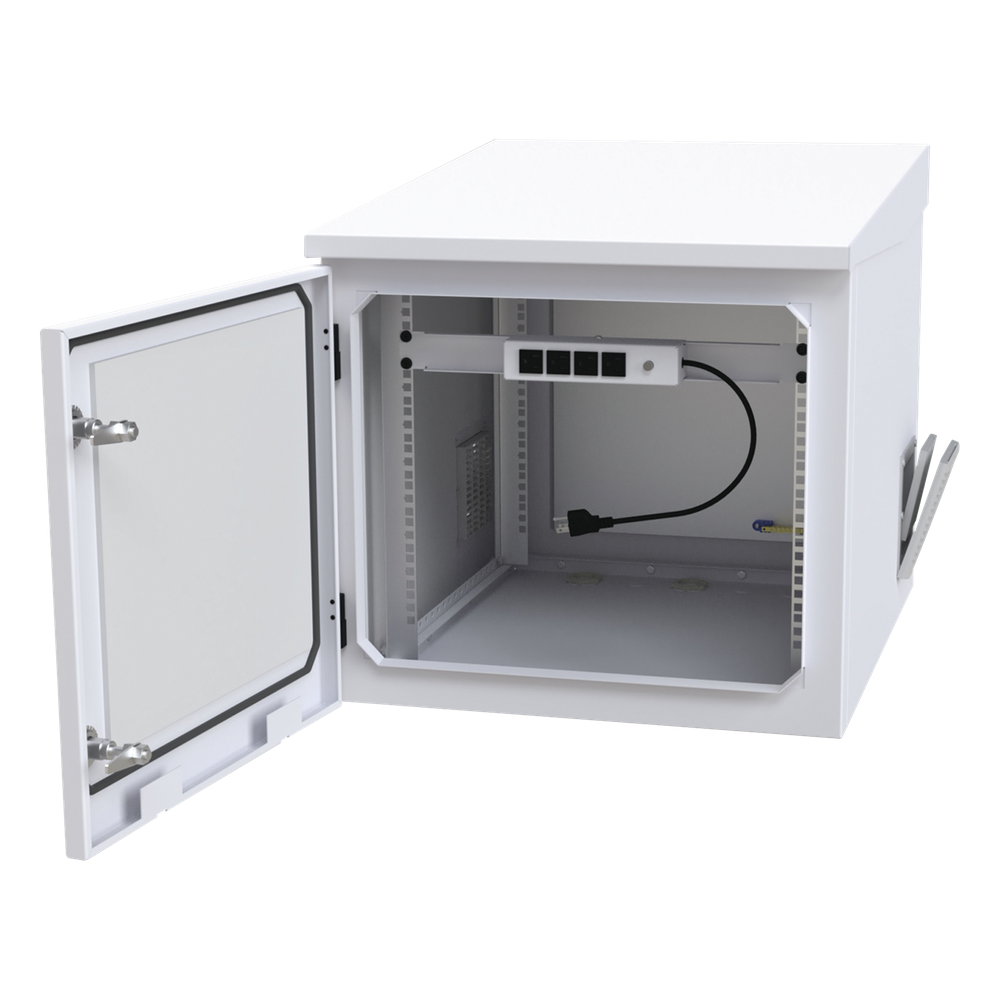 Gabinete PROFUNDO hasta 705 mm  de profundidad, de Exterior de 9UR con Ventiladores y Termostato, Se envía el Gabinete Armado, (Montaje a poste o torre se vende por separado).