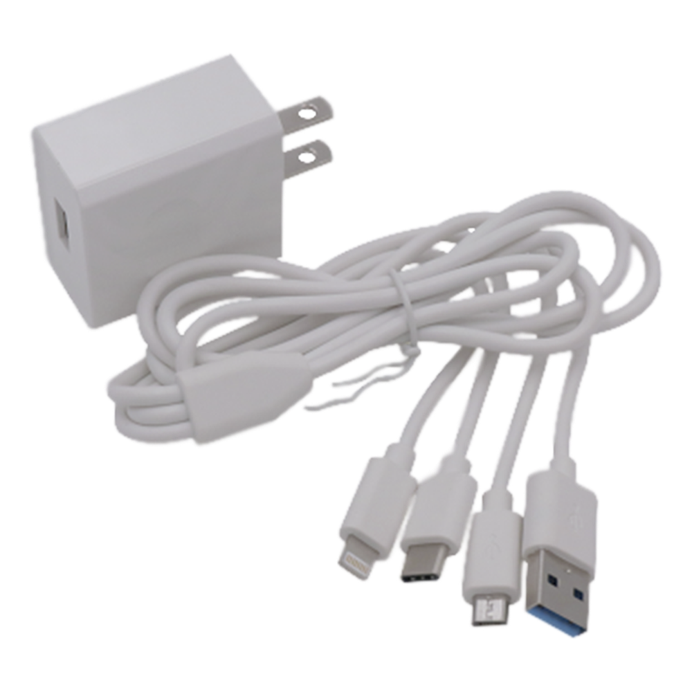 Cargador de pared USB de 5 Vcc 2A / Multi-puertos / USB-C / Micro USB / Tipo C / Lightning (iPhone) / Extensión de cable 1.2 metros