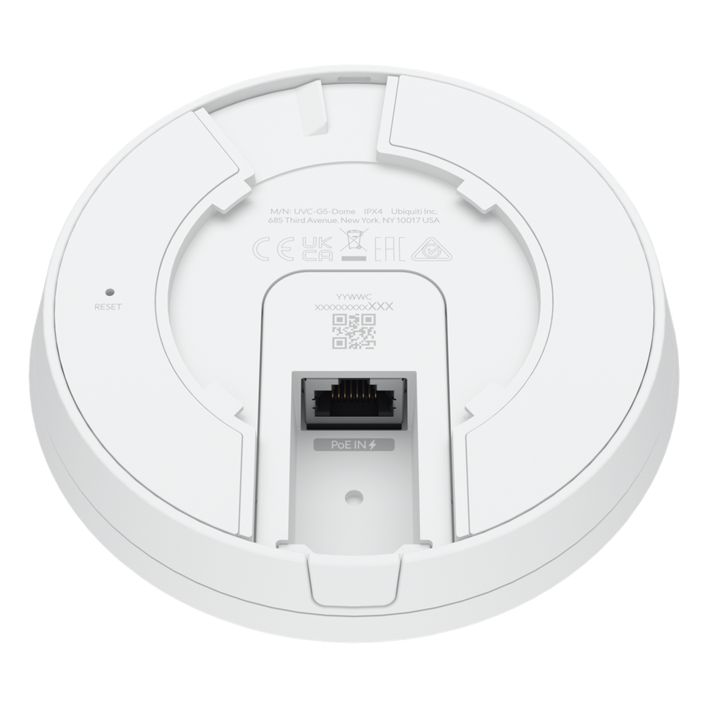 UniFi Protect Cámara G5 Dome  para interior/exterior / 2K (4MPX), ángulo 102.4°, visión nocturna IR hasta 9 mts / detecciones inteligentes / audio bidireccional / resistente a la intemperie IPx4 / antivandálica IX08