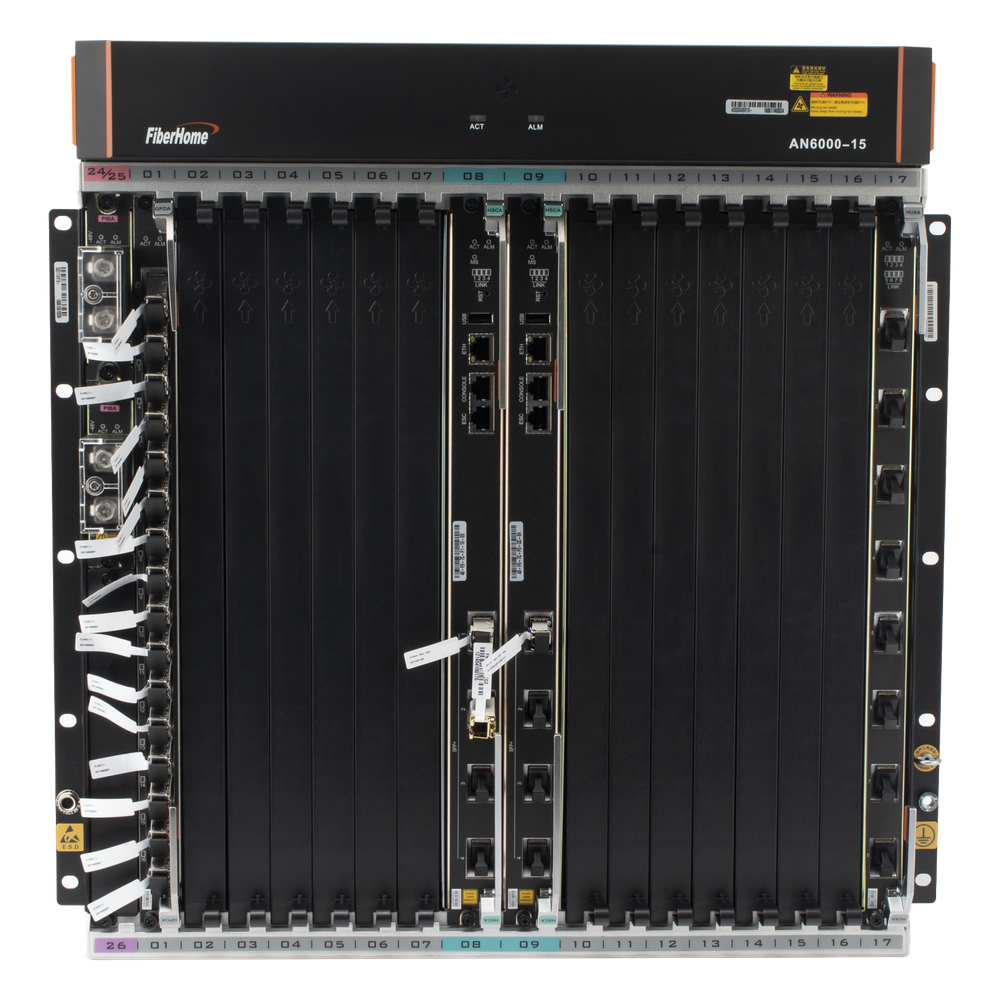 OLT Carrier Class Modular GPON, 14 Ranuras de Servicio, Incluye 1 Tarjeta de Servicio, Doble fuente -48Vcc, 11 UR, Gestión por UNM2000, CLI, Incluye Instalación de software UNM2000, (Interoperabilidad con ONUs de Terceros sin Costo)