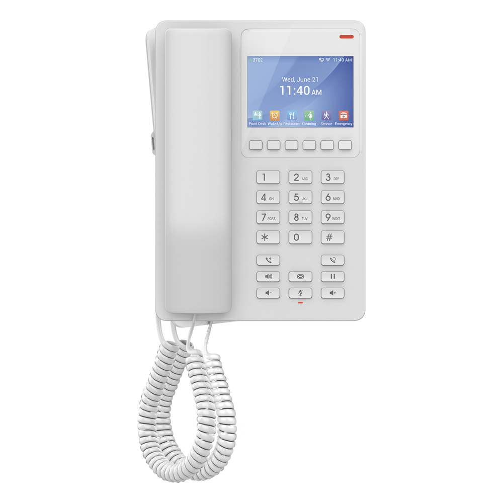 Teléfono IP WiFi Hotelero con pantalla LCD a color, 2 líneas SIP con 2 cuentas, codec Opus, IPV4/IPV6, color blanco, con gestión en la nube GDMS