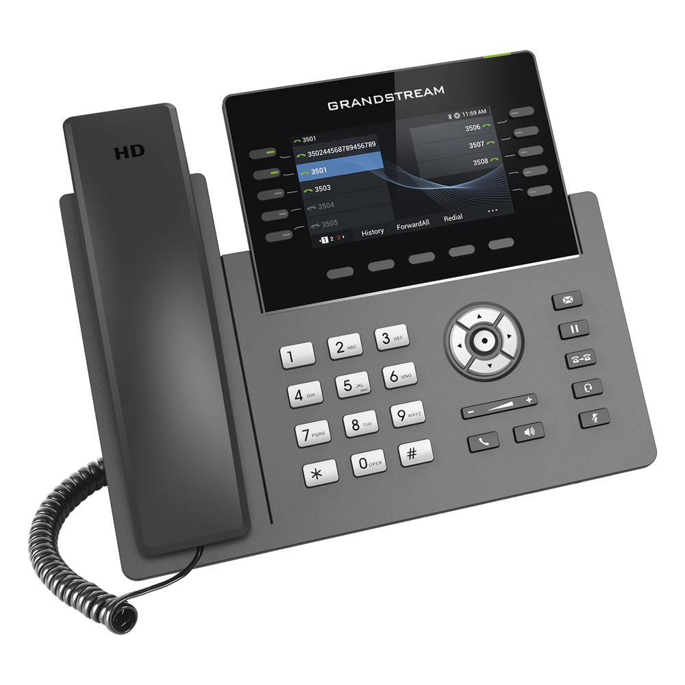 Teléfono IP Wi-Fi, Grado Operador, 10 líneas SIP con 5 cuentas, pantalla a color 4.3", puertos Gigabit, Bluetooth, PoE, codec Opus, IPV4/IPV6 con gestión en la nube GDMS