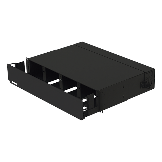 Panel de Distribución de Fibra Óptica, Acepta 8 Placas FAP o FMP, Bandeja Deslizable, Hasta 192 Fibras, Color Negro, 2 UR