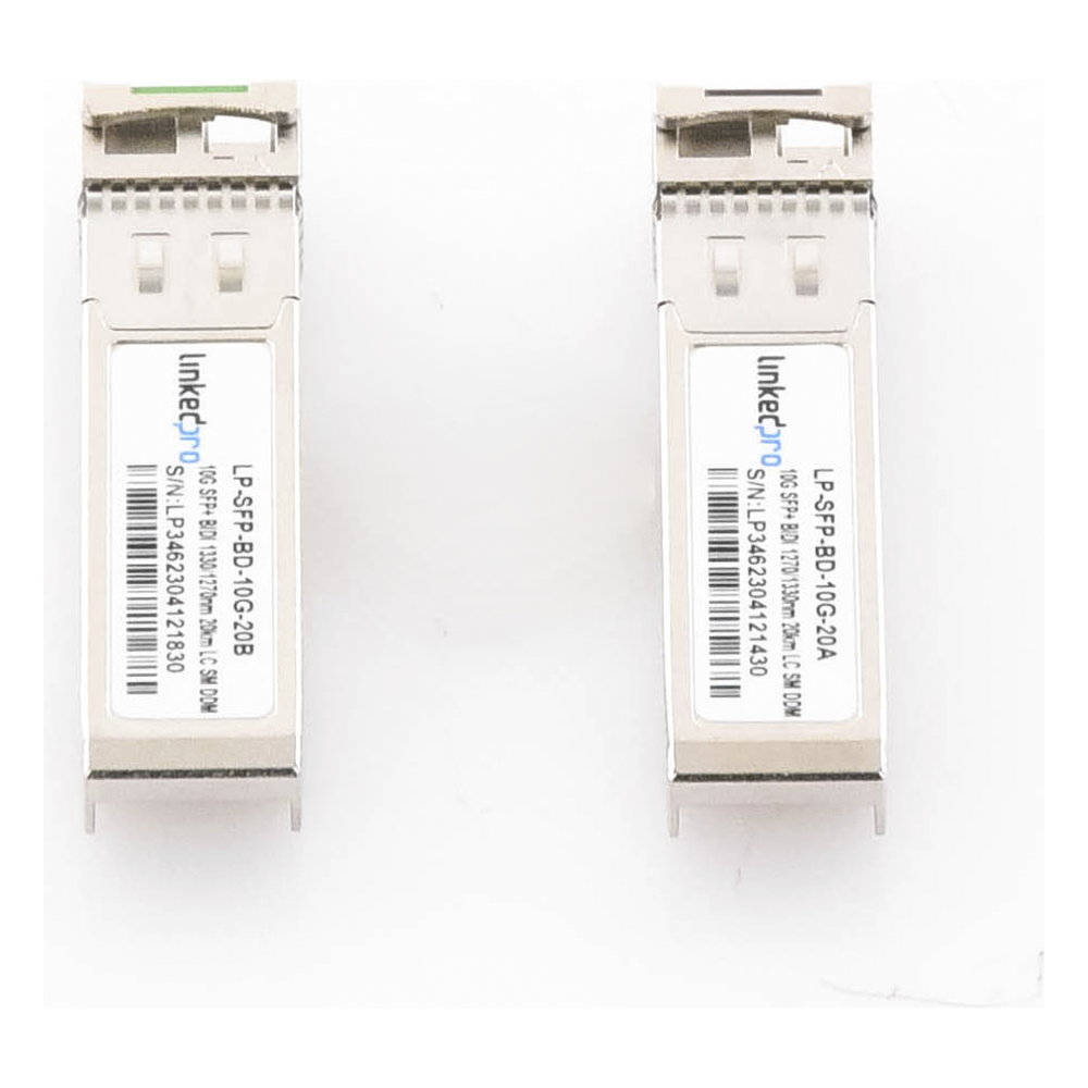 Transceptores Ópticos Bidireccionales SFP+ (Mini-Gbic) / Monomodo 1270 & 1330 nm / 10 Gbps / 1000BASE-BX / Conector LC/UPC Simplex / DDM / Hasta 20 km / 2 Piezas