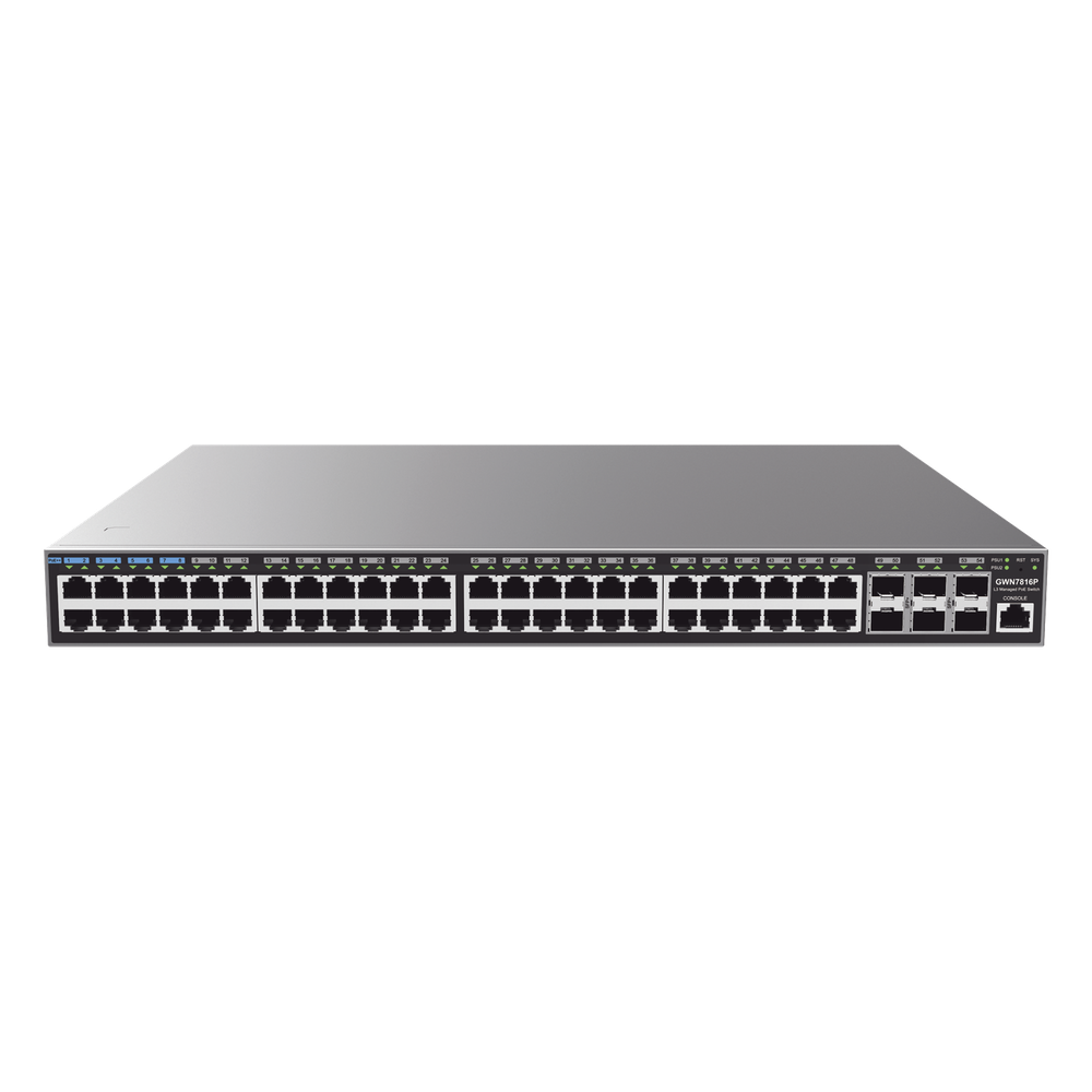 Switch Capa 3 PoE+ Administrable / 48 puertos 10/100/1000 Mbps + 6 Puertos SFP+ de 10 Gigabits / Hasta 740W / Compatible con GWN Cloud.