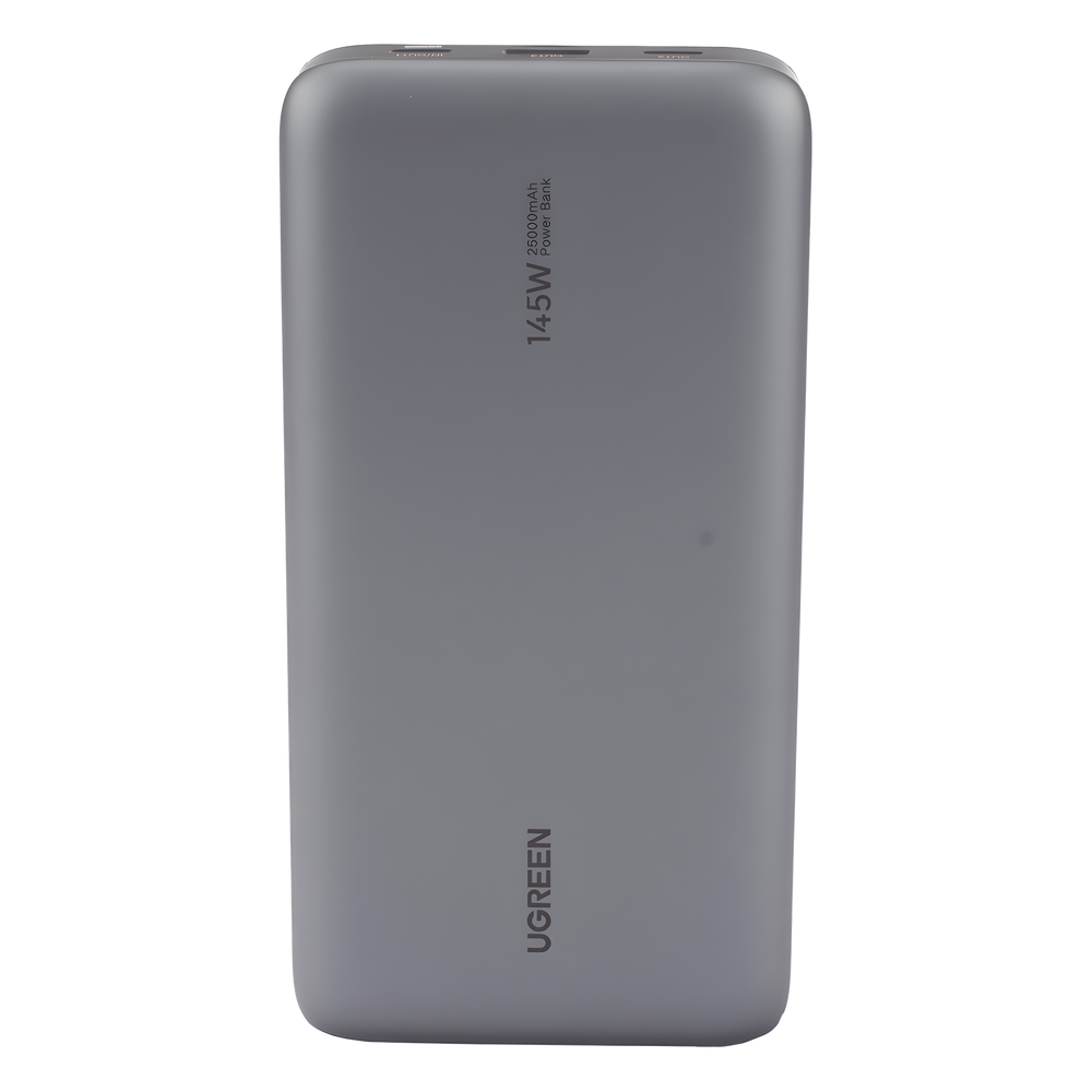 Power Bank de 25000mAh | 3 Salidas 145W Max. | USB-A + 2 USB-C | PD 3.0, QC3.0 | FCP | SCP | Pantalla Inteligente | Carcasa Ignifuga | Color Gris | Incluye Cable USB de 50cm | Carga tu Laptop de Manera Segura.