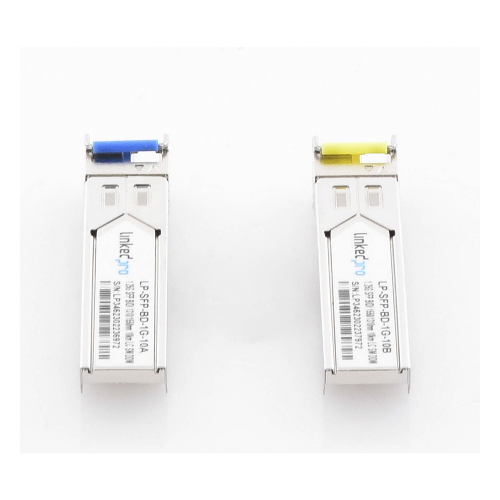 Transceptores Ópticos Bidireccionales SFP (Mini-Gbic) / Monomodo 1310 & 1550 nm / 1.25 Gbps / 1000BASE-BX / Conector LC/UPC Simplex / DDM / Hasta 10 km / 2 Piezas