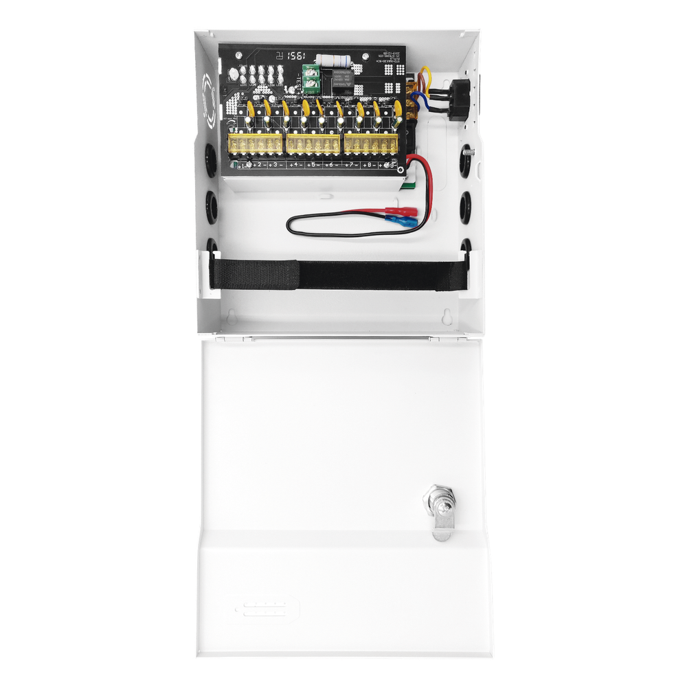 Fuente de Poder con ajuste de voltaje de 11- 15 Vcc / 10 A / 9 Salidas / Capacidad de Batería de Respaldo / Requiere Batería / Voltaje de Entrada 96-264 Vca
