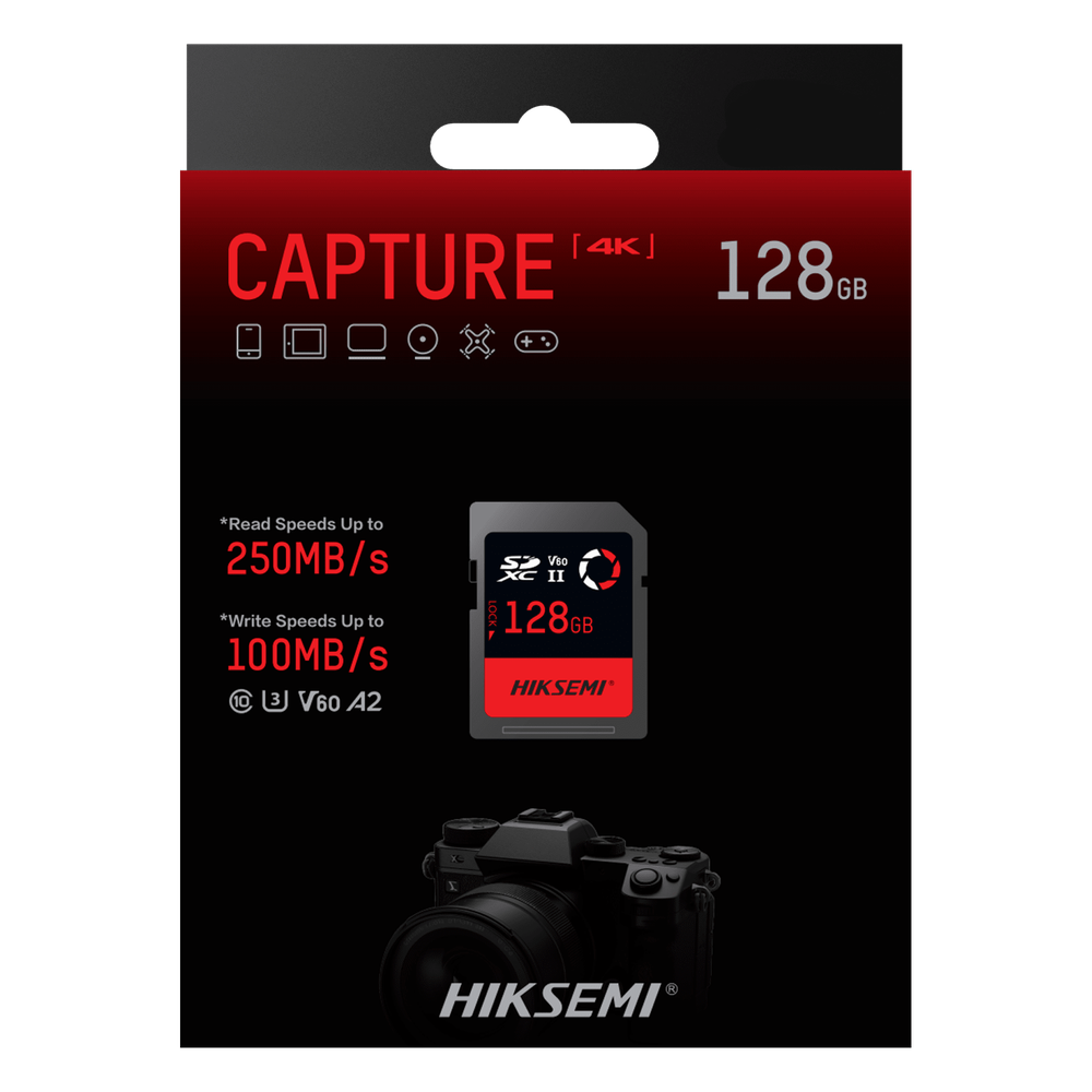 Memoria SD / 128 GB / 250 MB/s Lectura / 180 MB/s Escritura / V60 U3 / Para Fotografía Profesional 4K / HIKSEMI CAPTURE E60