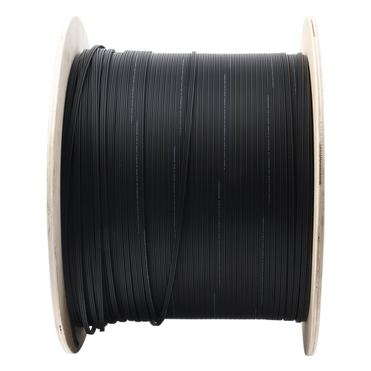 Carrete de 1 km de Fibra Óptica Aérea Mini Figura 8 G.657A2 Tipo Drop, Monomodo de 2 Hilos (Bifibra), Diseñada para Fusionarse, Color Negro, Span 80, (No Soporta Conectores Mecánicos)