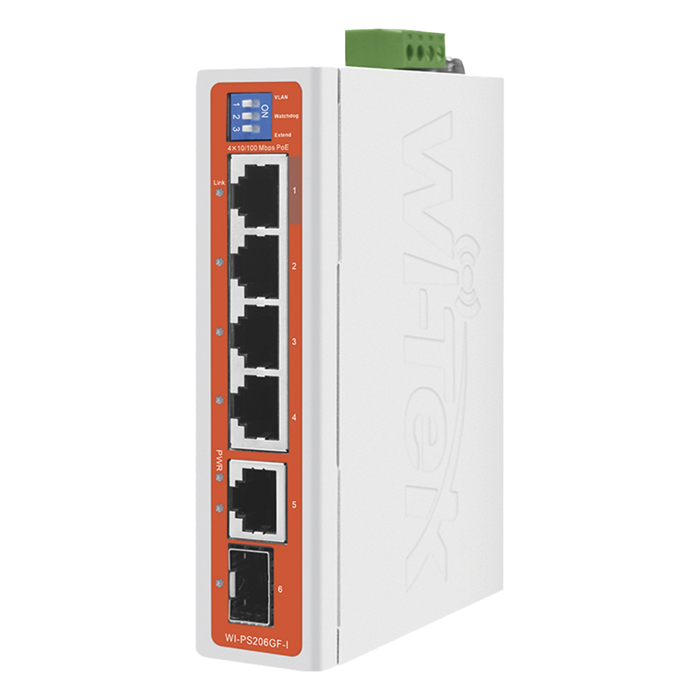 Switch Industrial / 4 Puertos 10/100 Mbps con PoE 802.3af/at / 2 Puertos Uplink Gigabit (1 Rj45 - 1 SFP) / PoE Hasta 250 m