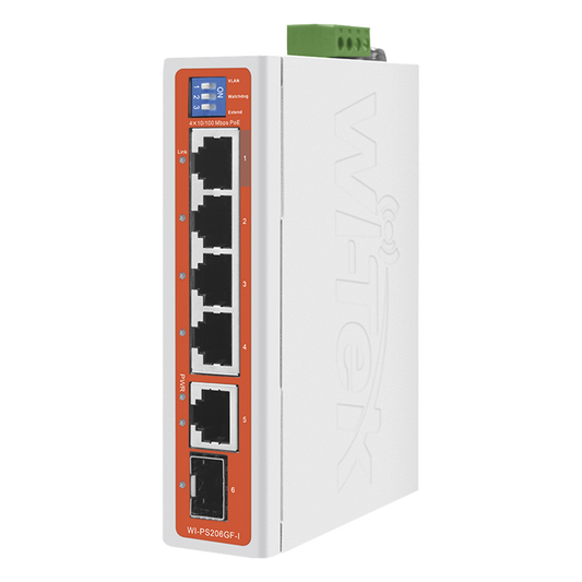 Switch Industrial / 4 Puertos 10/100 Mbps con PoE 802.3af/at / 2 Puertos Uplink Gigabit (1 Rj45 - 1 SFP) / PoE Hasta 250 m