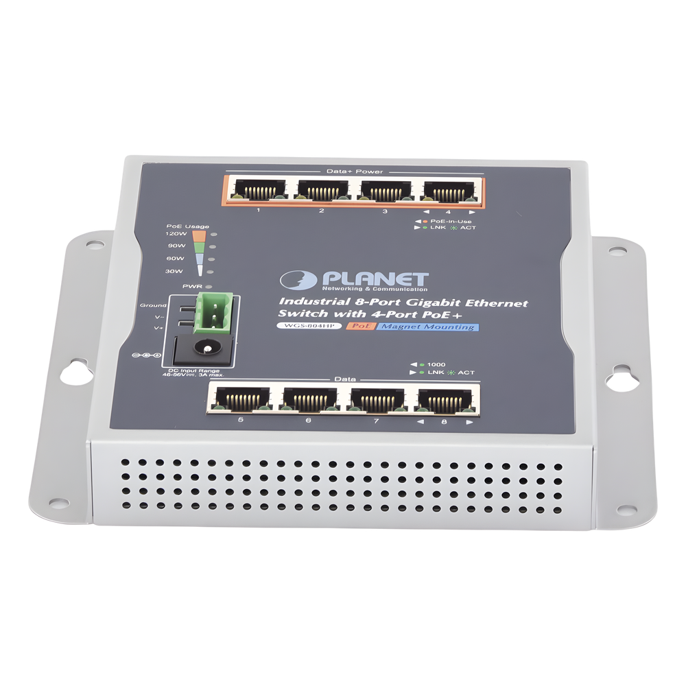 Switch Industrial No Administrable, Múltiple Montaje (Pared, Riel DIN y Magnético), 8 Puertos Gigabit con 4 puertos PoE 802.3at, Hasta 120 W.