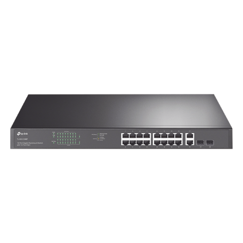 Switch no administrable de 16 puertos 10/100/1000Mbps y PoE af/at, 2 puertos SFP hasta 250W.