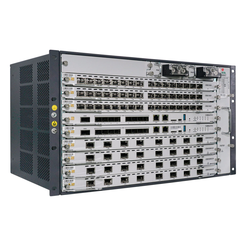 OLT Modular tipo Chasis GPON/XGS-PON Combo, 7 Ranuras de Servicio, Incluye 1 Tarjeta de Servicio de 16 puertos GPON
