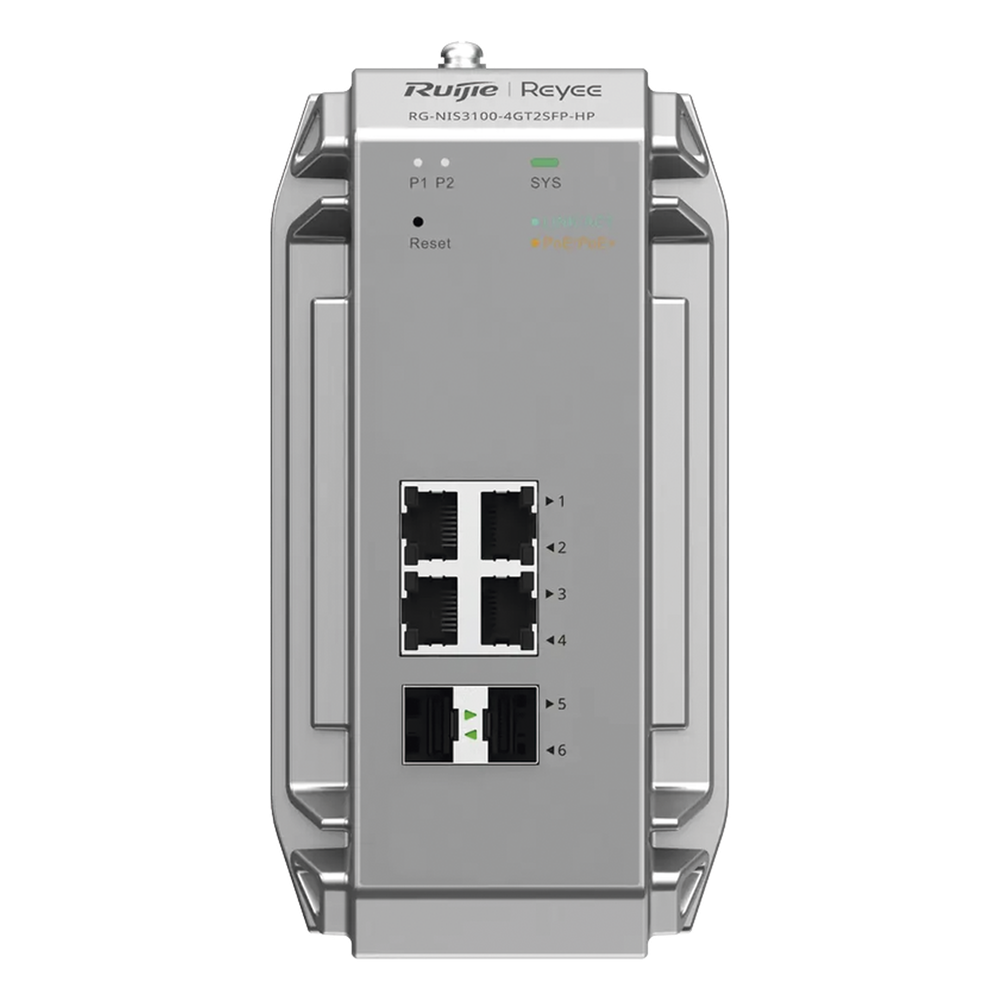 Switch Industrial PoE hasta , Ideal para temperaturas Extremas y protección contra descargas, 4 Puertos Gigabit PoE 802.3 af/at, 2 puertos SFP Administrable Cloud