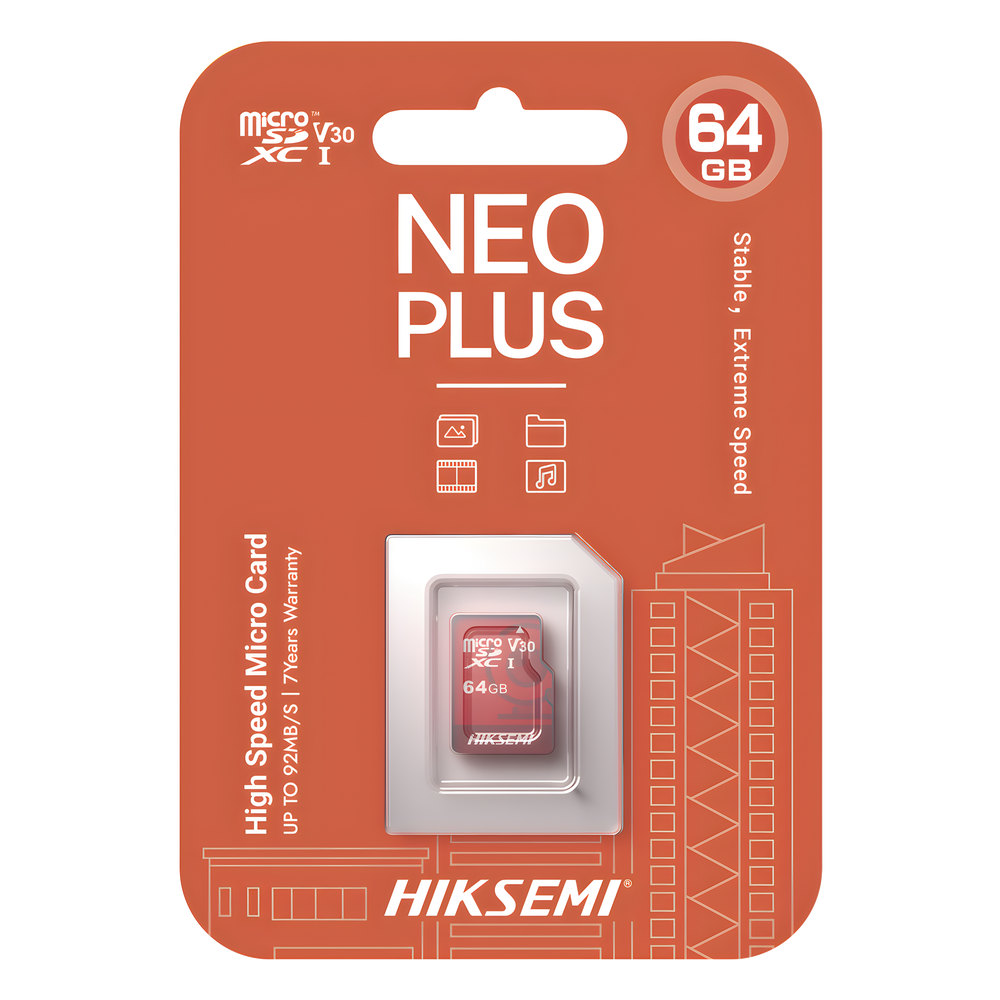 MicroSD HIKSEMI NEO Plus / 64 GB / 95 MB/s Lectura / 40 MB/s Escritura / Clase 10 U3 / TLC NAND / Especializada Para Videovigilancia 24/7