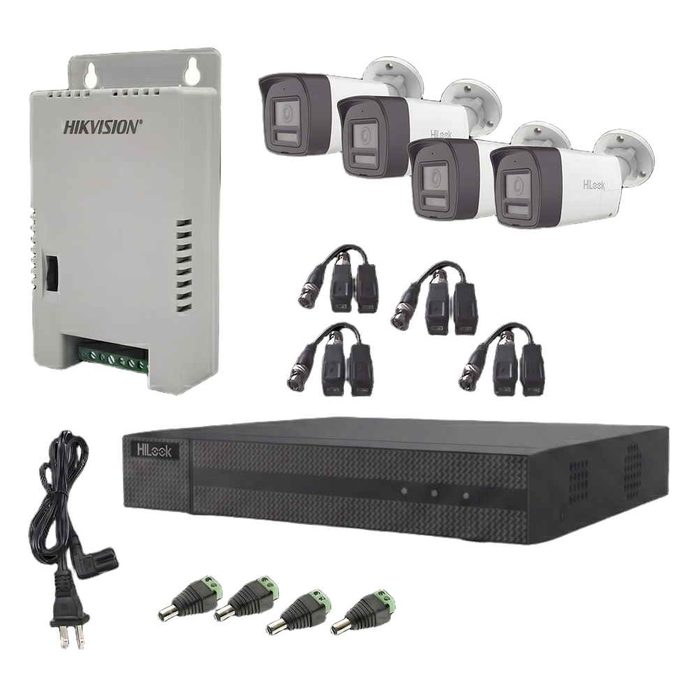 Kit HiLook Audio Bidireccional TurboHD 1080p / DVR Metalico 4 Canales / 4 Cámaras Bala (Exterior) con Bocina y Micrófono Integrado / 1 Fuente de Poder / Accesorios