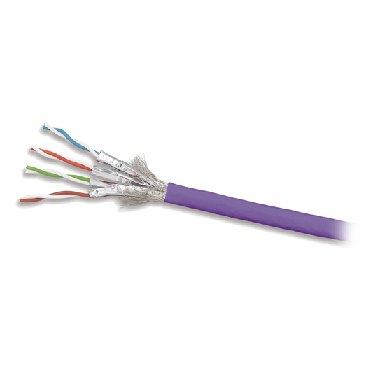 Bobina de Cable Blindado S/FTP de 4 Pares, Cat7A, Inmune a Ruido e Interferencias, LS0H (Bajo Humo, Cero Halógenos), Color Violeta, 305 Metros (1000 Pies)
