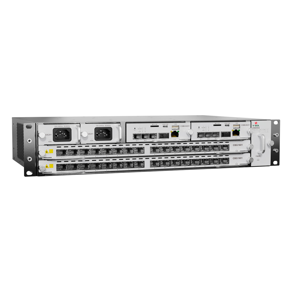 OLT Modular tipo Chasis GPON/XGS-PON Combo,1 Tarjeta de Servicio de 16 Puertos GPON, 2 Ranuras, 2 Fuentes de Alimentación AC, 2 UR